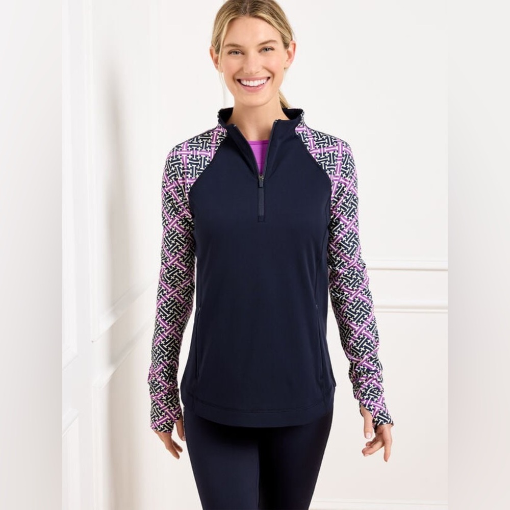NWOT $75 TALBOTS PERFORMANCE INTERLOCK HALF-ZIP PULLOVER - DIAMOND GRID